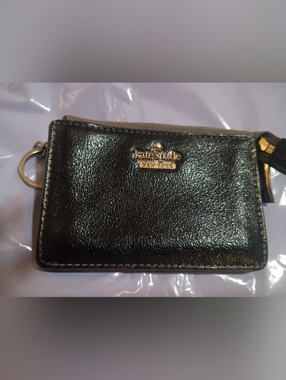 kate spade Black Leather Zip Card Holder with Key Ring 4.5 L X 3.5 W Inches